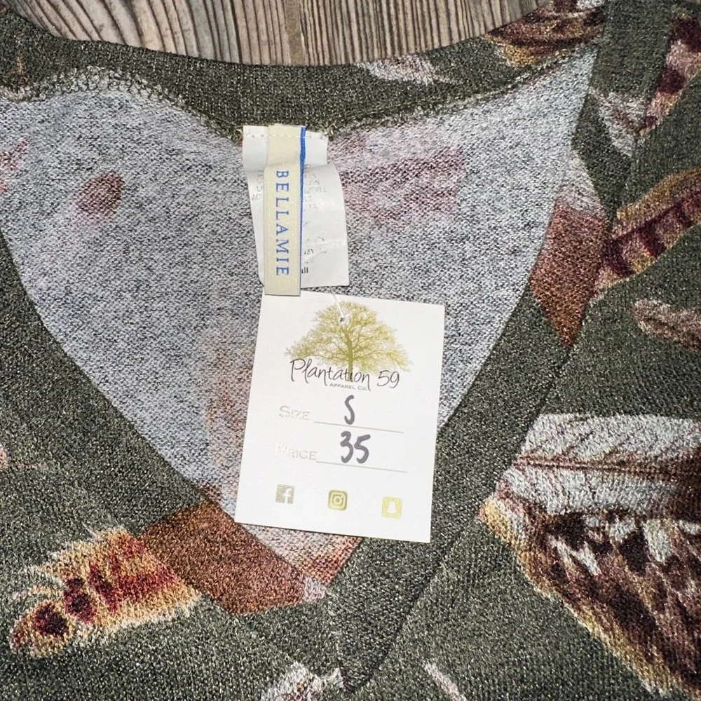 Bellamie Olive Feather Print V-Neck Sweater Dress Pockets Fall Boots Autumn - Picture 5 of 7